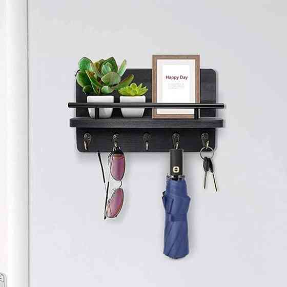 Полка подвесная для хранения мелочей и аксессуаров деревянная для кухни прихожей ванны 5 крючков 30х18х7.5 см,чёрная Каменец-Подольский
