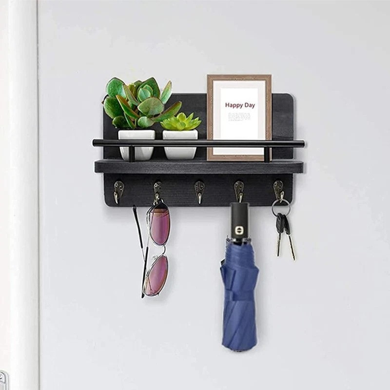 Полиця підвісна для зберігання дрібниць та аксесуарів, дерев'яна, для кухні, передпокою, ванної кімнати, 5 гачків, 30х18х7,5 см, Кам'янець-Подільський - фото 5