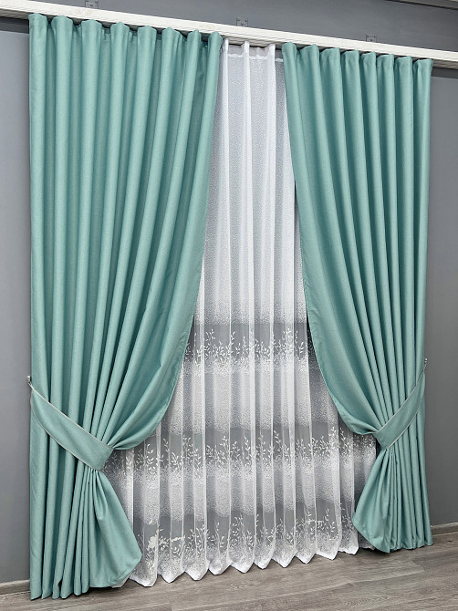 Комплект штор VR-Textil Шеніл 150х270 2шт і Тюль 500х270 1697ш-1680т Світло-бірюзовий з білим 71-197/4 Київ - фото 2