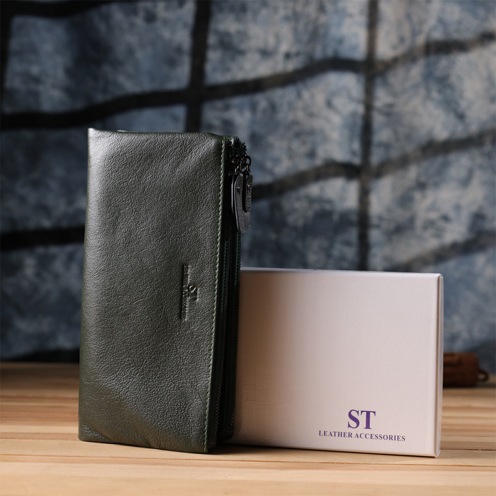 Красивый кожаный кошелек на три отделения ST Leather 23110 Зеленый Киев - изображение 1