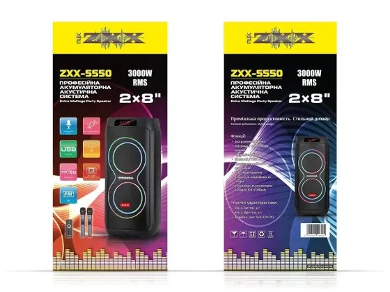 Портативна акустична колонка ZXX-5550 80Вт 2x8" TWS/FM/USB/TF/BT/LED/2MIC караоке Одеса