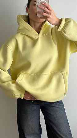 Жіноче тепле об'ємне базове худі оверсайз крою турецька тринитка на флісі Лимонний Одеса