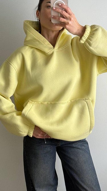 Жіноче тепле об'ємне базове худі оверсайз крою турецька тринитка на флісі Лимонний Одеса - фото 1