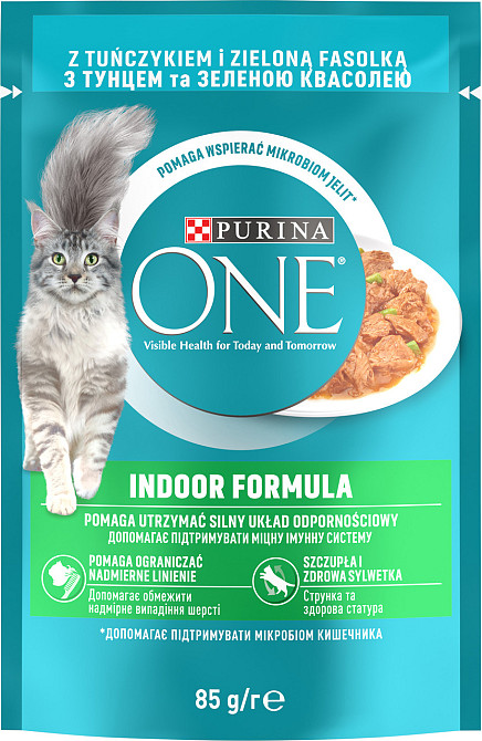 Влажный корм PURINA ONE Indoor для взрослых кошек постоянно находящихся в помещении, кусочки в соусе, с тунцем и зеленой фасолью, 85 г. Киев - изображение 1