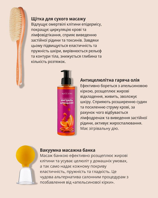 Горячий антицеллюлитный массажный набор Щётка+Масло+Вакуумная банка Reclaire cosmetics Киев - изображение 3