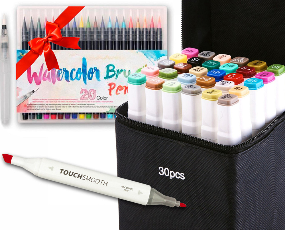 Маркеры для скетчей двухсторонние Touch Smooth на спиртовой основе 30 штук + 20 цветов акварельных маркеров Каменец-Подольский - изображение 4