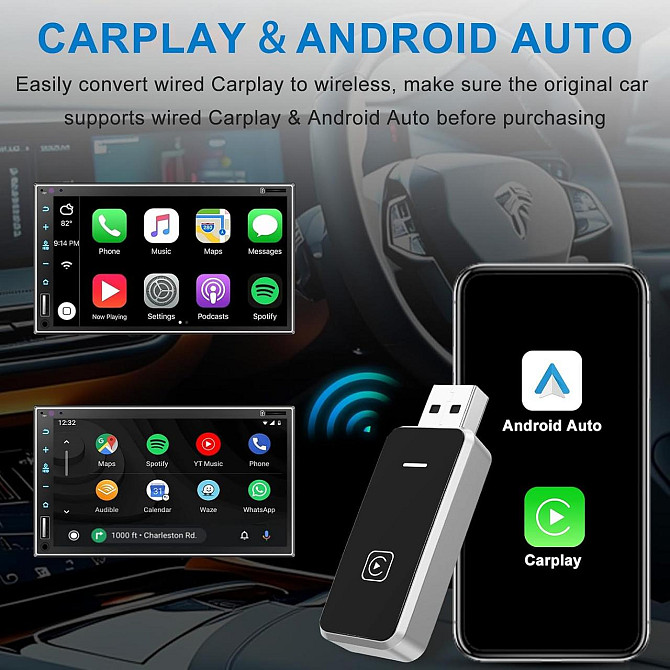 CarPlay Android Auto адаптер для перетворення дротового у бездротовий для iOS 10+ Android 11+, USB T Київ - фото 7