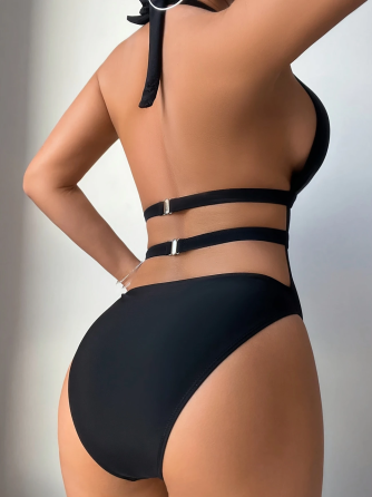 Купальник чорний суцільний із глибоким декольте та сіткою Рожевый L Харків