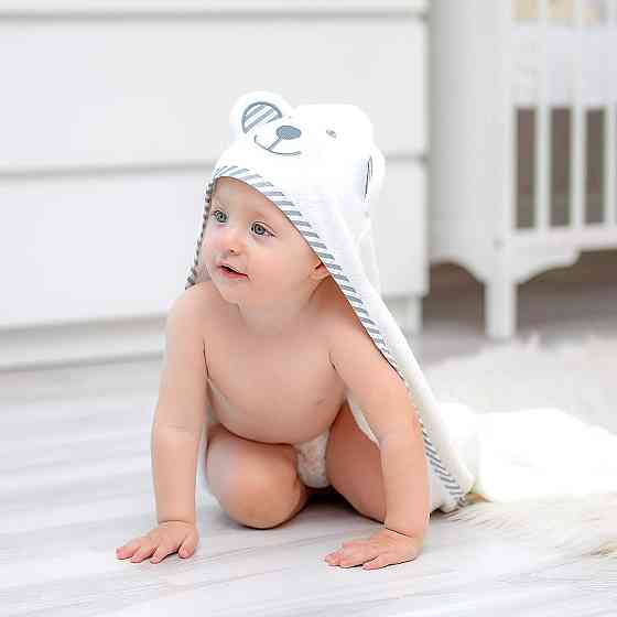 Полотенце  бамбук / махра Lovely Svi детское с капюшоном в подарочной коробке - 90 х 90 см Медведь серая окант Киев