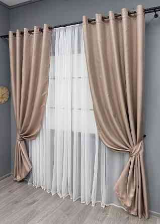 Комплект штор на люверсах VR-Textil Льон-блекаут Льон Мішковина № 1069ш Пудровий 150х250см 2 шт (37-0192) Київ