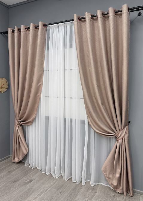 Комплект штор на люверсах VR-Textil Льон-блекаут Льон Мішковина № 1069ш Пудровий 150х250см 2 шт (37-0192) Київ - фото 3