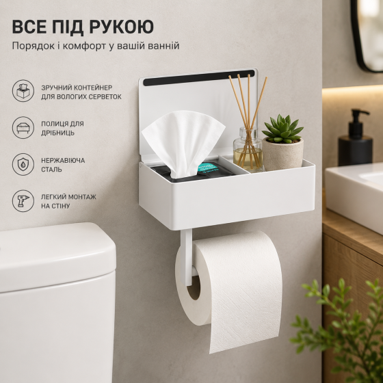 Тримач туалетного паперу Day Moon Designs з полицею та контейнером Large 13×20,5 см настінний білий з нержавіючої сталі Київ