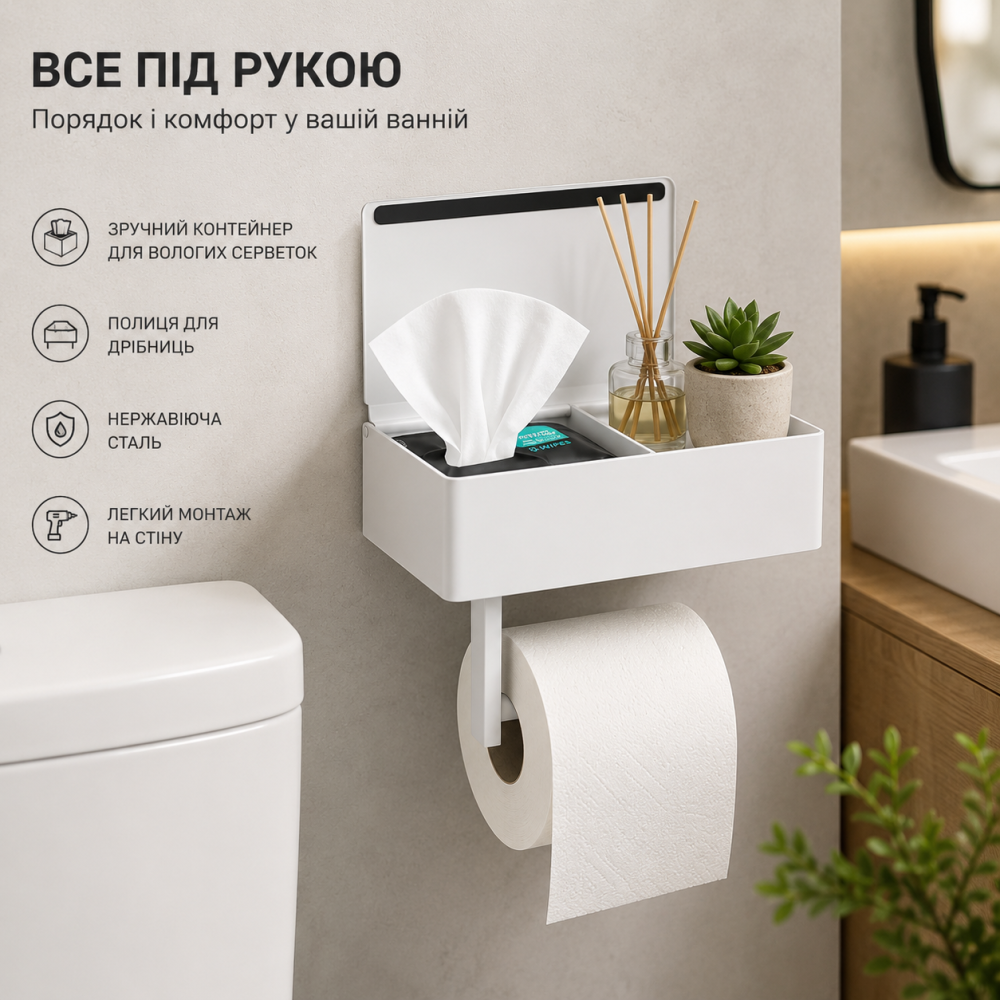 Тримач туалетного паперу Day Moon Designs з полицею та контейнером Large 13×20,5 см настінний білий з нержавіючої сталі Київ - фото 6