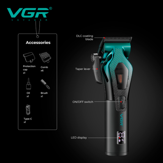 Машинка для стриження акумуляторна VGR V-271 8000-11000 RPM LED дисплей (6 насадок) Київ