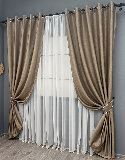 Комплект штор на люверсах VR-Textil Шенилл однотонный № 1906ш Светло-коричневый 150х250 см 2 шт (37-0297) Киев - изображение 3