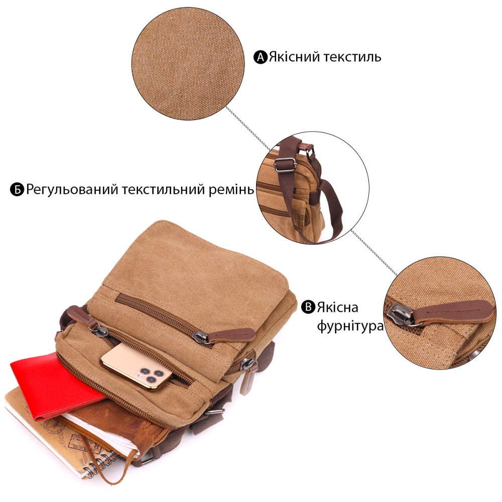 Небольшая мужская сумка из плотного текстиля 21226 Vintage Коричневая Киев - изображение 8