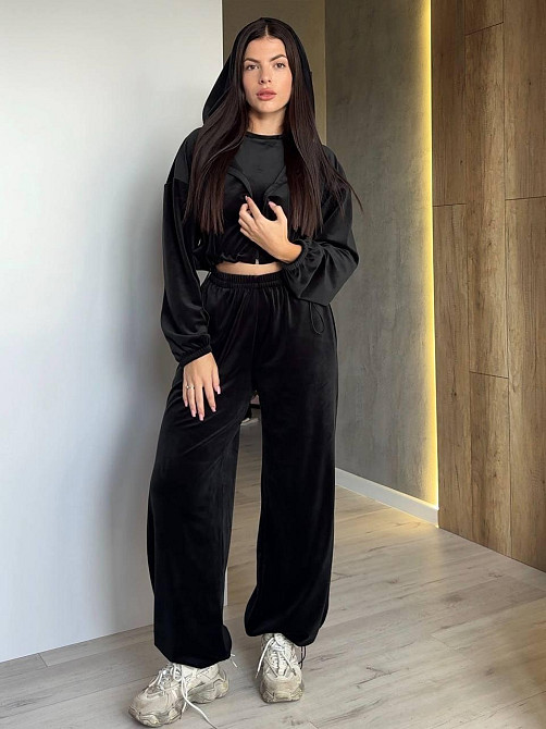 Жіночий прогулянковий костюм-трійка: худі топ і штани велюр плюш Чорний, 44/46 Одеса - фото 5