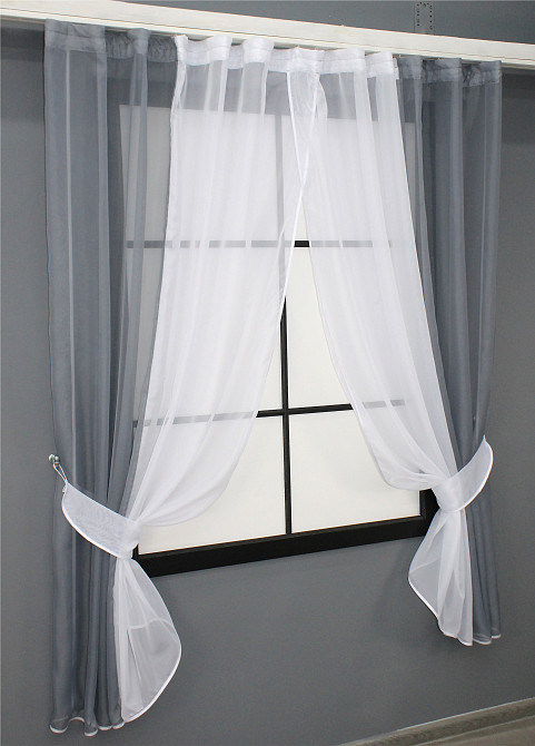 Кухонные шторы VR-Textil № 017к комбинированные с подвязками серый с белым 265х170 см (50-005) Киев - изображение 2