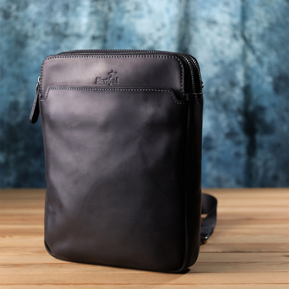 Практичная мужская сумка через плечо из винтажной натуральной кожи Shvigel 20870_1 Черный Киев - изображение 9