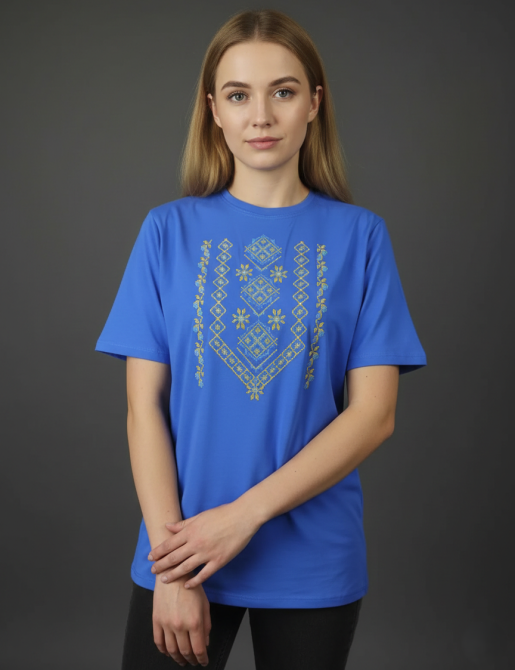 Жіноча насичена вишиванка- футболка в блакитному кольорі 3XL Київ - фото 1