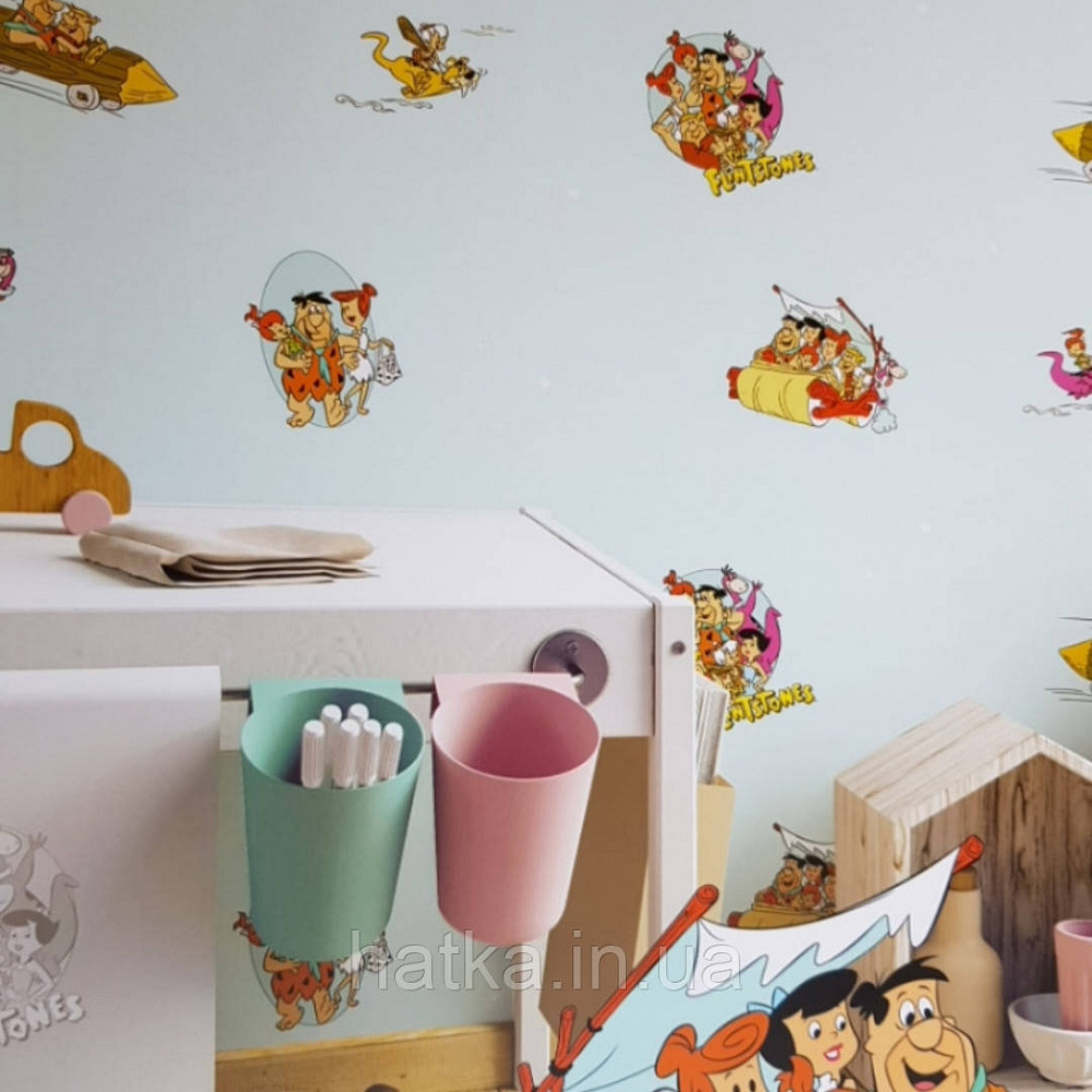 Шпалери вінілові на флізеліні AdaWall Ada Kids метрові дитячі мультфільми Флінтстоуни герої на блакитному тлі Київ - фото 2
