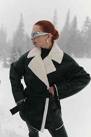 Женская стильная двубортная дубленка под пояс Черный, 42/44 Одесса