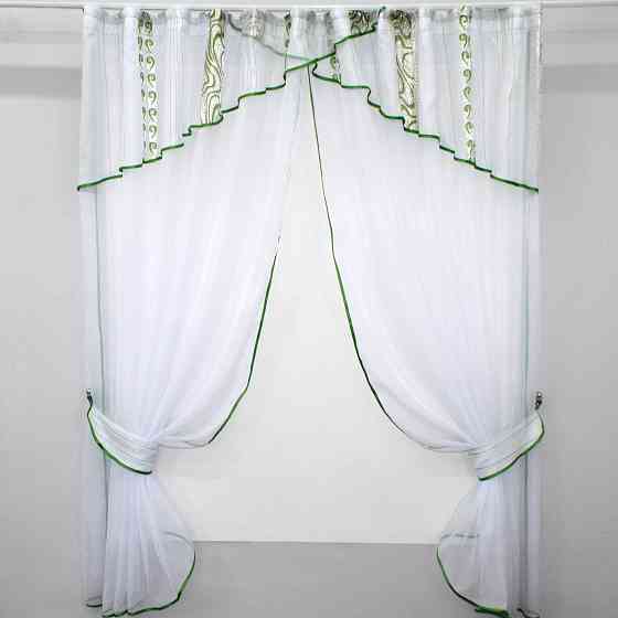 Кухонные шторы VR-Textil № 091к с ламбрекеном и подвязками белый с золотисто-зеленым 280х170 см (59-814) Киев