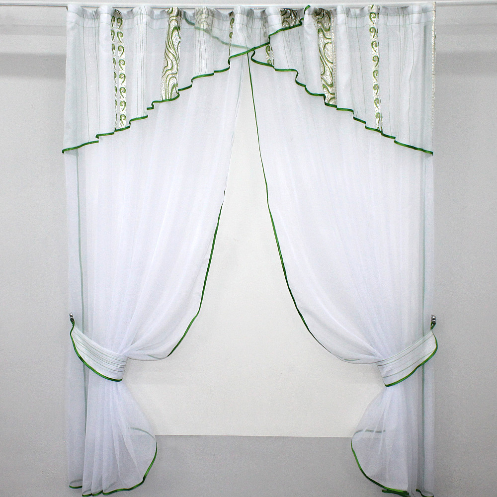 Кухонные шторы VR-Textil № 091к с ламбрекеном и подвязками белый с золотисто-зеленым 280х170 см (59-814) Киев - изображение 1