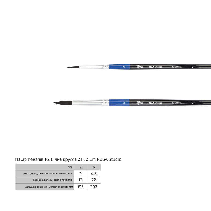 Набор кистей No16 белка круглая 2 шт (No2,6) к.р. ROSA Studio Киев - изображение 2