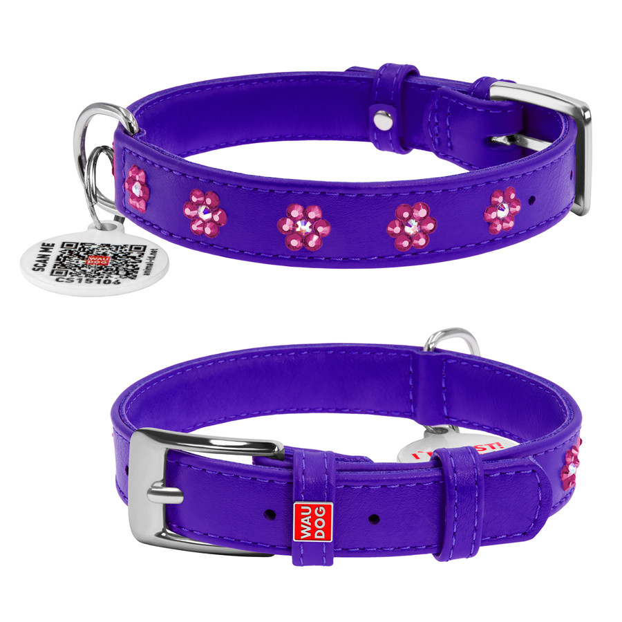 Нашийник для собак шкіряний WAUDOG Glamour з QR паспортом, з клейовими стразами "Квіти", Ш 20 м Коломыя - изображение 2