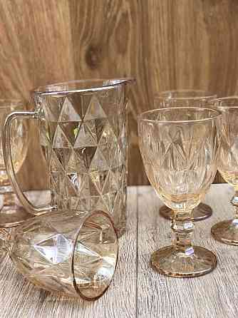 Набір 6 шт. келихів + глечик 1 л. «Дзеркальний Смарагд» 300 мл бурштиновий колір Київ