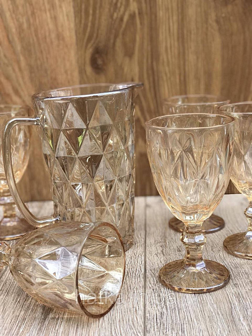 Набір 6 шт. келихів + глечик 1 л. «Дзеркальний Смарагд» 300 мл бурштиновий колір Київ - фото 1