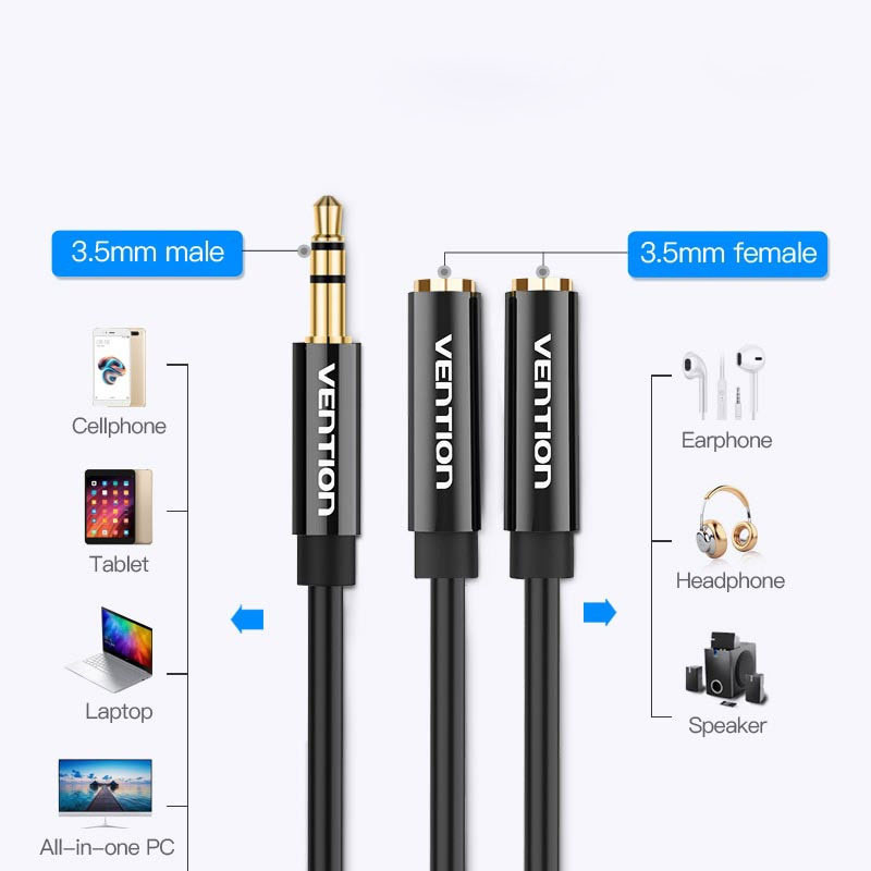 Перехідник Audio Jack TRS M -> 2xF, 0.3м Stereo Splitter чорний Vention Вінниця - фото 3