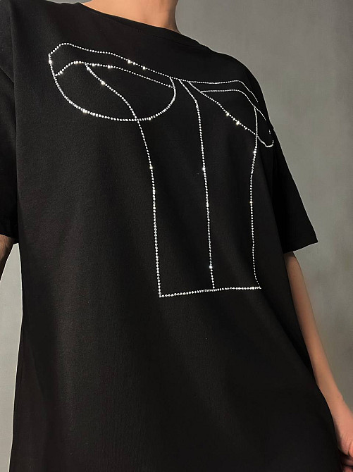 Футболка жіноча A-N 0098 з камінням імітація корсету оверсайз, чорний, one size Київ - фото 4