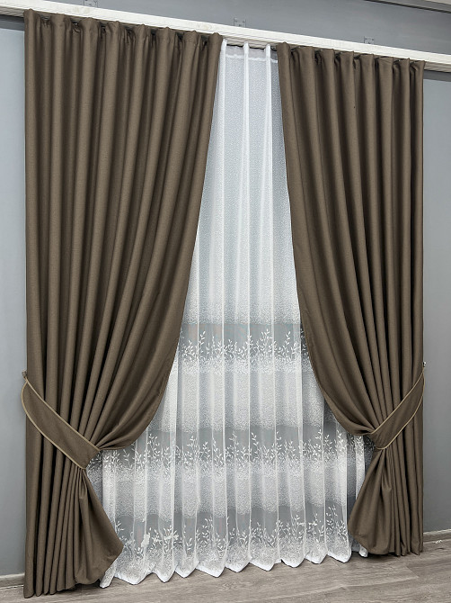 Комплект штор VR-Textil Шенил 150х270 2шт и Тюль 600х270 1591ш-1680т Кофейный с белым 71-200/5 Киев - изображение 2