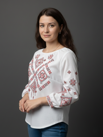 Жіноча натуральна біла вишиванка Заграва червона Київ