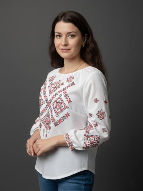 Жіноча натуральна біла вишиванка Заграва червона Київ - фото 2