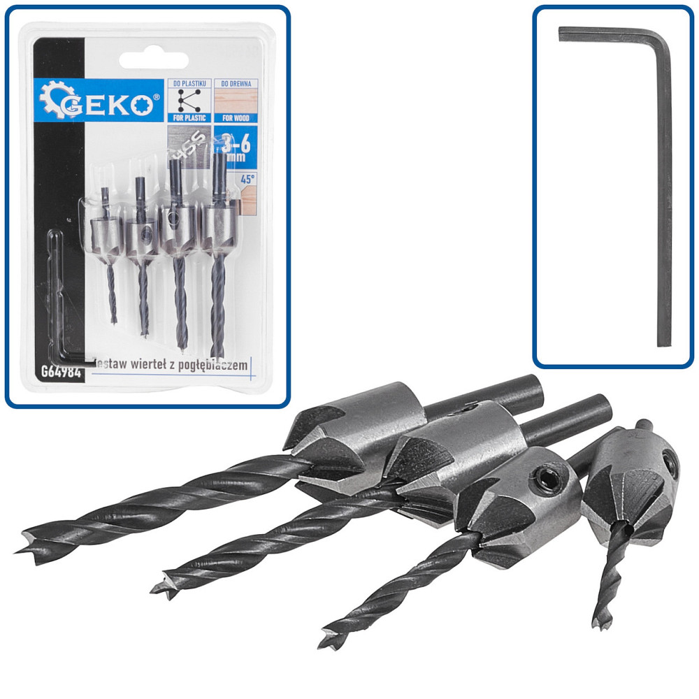 Зенкера зі свердлами по дереву / пластику, комплект 4 шт.: 3, 4, 5, 6мм "GeKo" Київ - фото 1