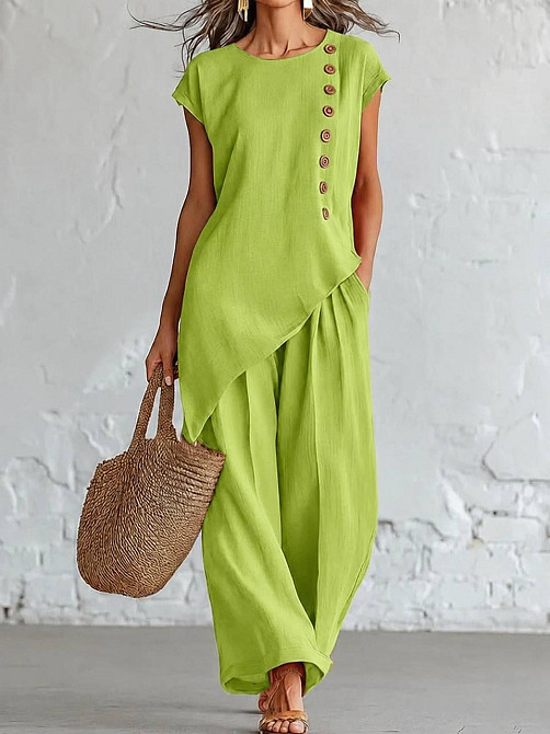 Летний костюм из льна жатки, ассиметричная блузка и широкие брюки, лайм, размер 48-50 Лубны - изображение 2