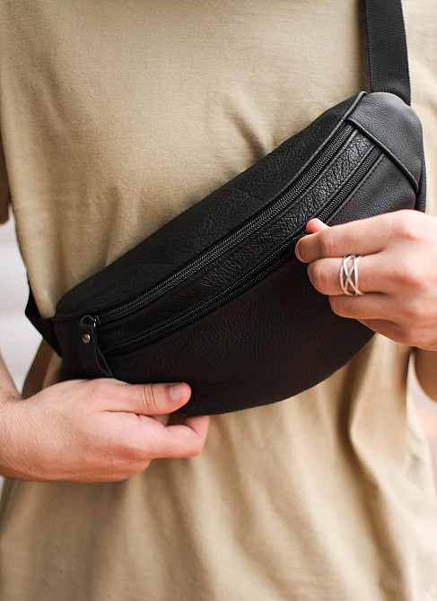 Чоловіча бананка, шкіряна сумка на пояс SL001 (Чорна) Суми - фото 8