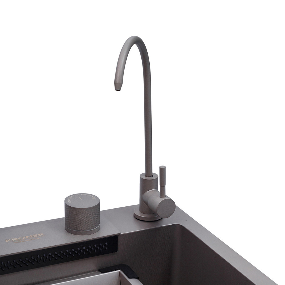 Кухонна мийка Kroner KRP Schwarze 75х46 - SET7545NG PVD (3.0/0.8 мм) зі змішувачем, краном та дозатором, сіра Київ - фото 7