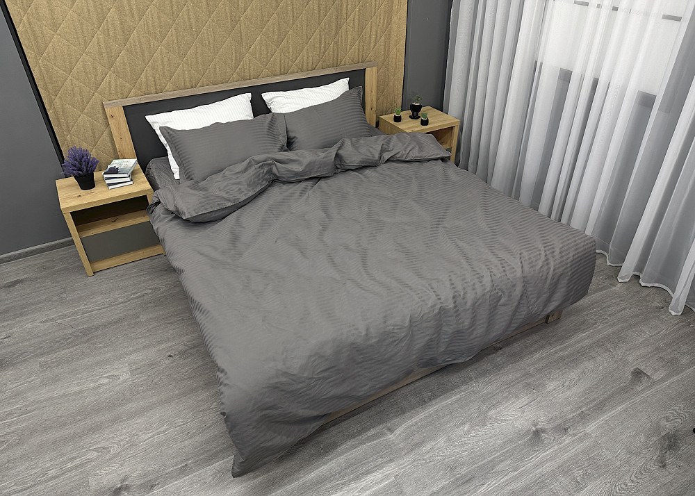 Комплект постільної білизни Страйп-сатин Двоспальний 180х220 з простирадлом на резинці Темно-сірий (88-177) Київ - фото 3