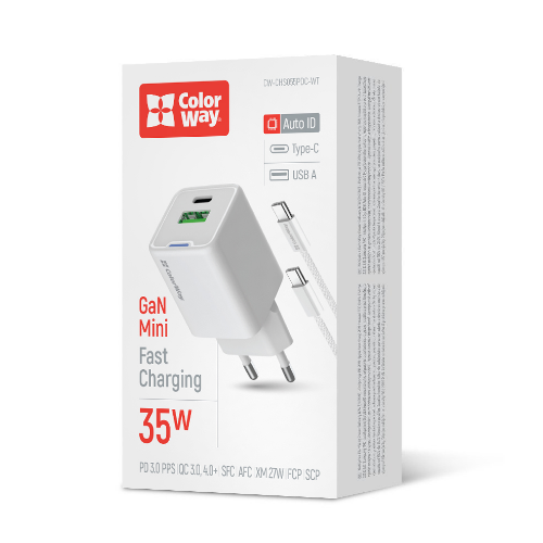 Зарядний пристрій мережевий USB/Type-C + кабель Type-C 35W GaN Mini ColorWay Житомир