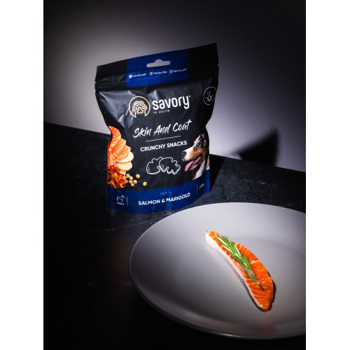 Хрустящие лакомства Savory Skin and Coat with Salmon and Marigolds для собак всех пород для здоровья кожи и шерсти с лососем и Киев - изображение 5