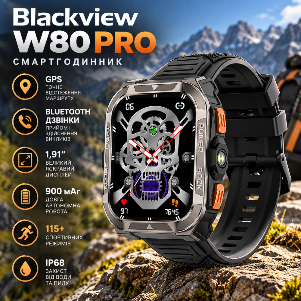Смартгодинник Blackview W80 Pro, GPS, Bluetooth-дзвінки, 1,91″, 900 мАг, IP68, 115+ спортрежимів, чорний Київ - фото 1