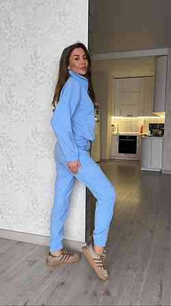 Женский прогулочный спортивный костюм двойка: кофта и штаны микровельвет Голубой, 54/56 Одесса