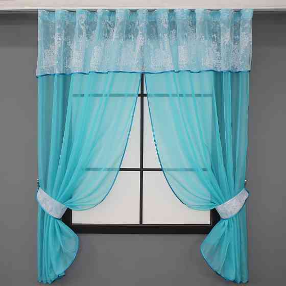 Кухонные шторы VR-Textil № 084к с ламбрекеном и подвязками лазурный с белым 280х170 см (52-0824) Киев