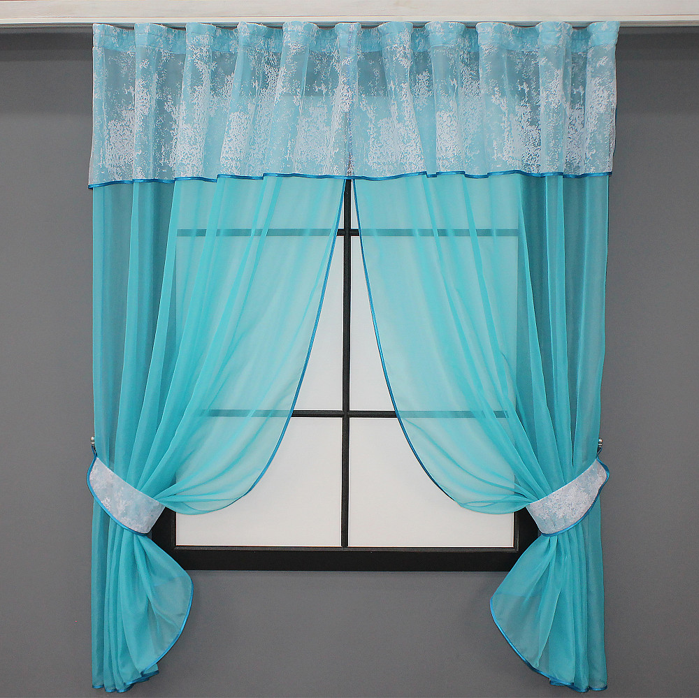 Кухонні штори VR-Textil № 084к з ламбрекеном і підв'язками лазурний з білим 280х170 см (52-0824) Київ - фото 1