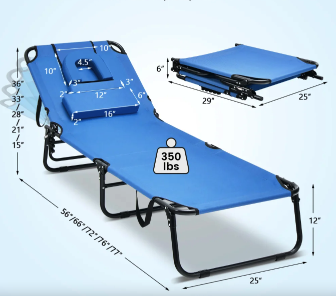Шезлонг Costway Hanna розкладний з отвором для обличчя блакитний Киев - изображение 5
