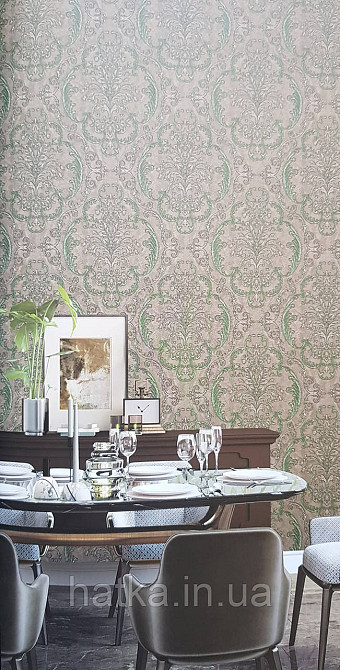 Шпалери вініл на флізеліні AdaWall Seyyah 1.06х10 вензелю завитки великі структурні смарагдові срібло на сірому Київ - фото 1